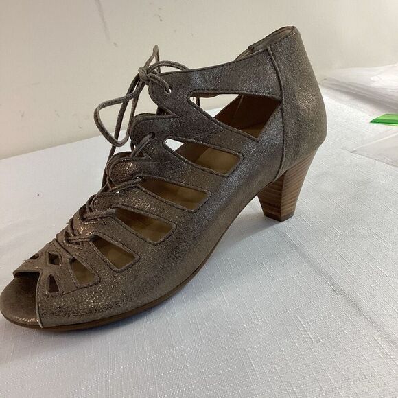 Paul Green Leather Metallic Lace-up Stacked heel Sandals Size 7 (38) - Picture 12 of 13